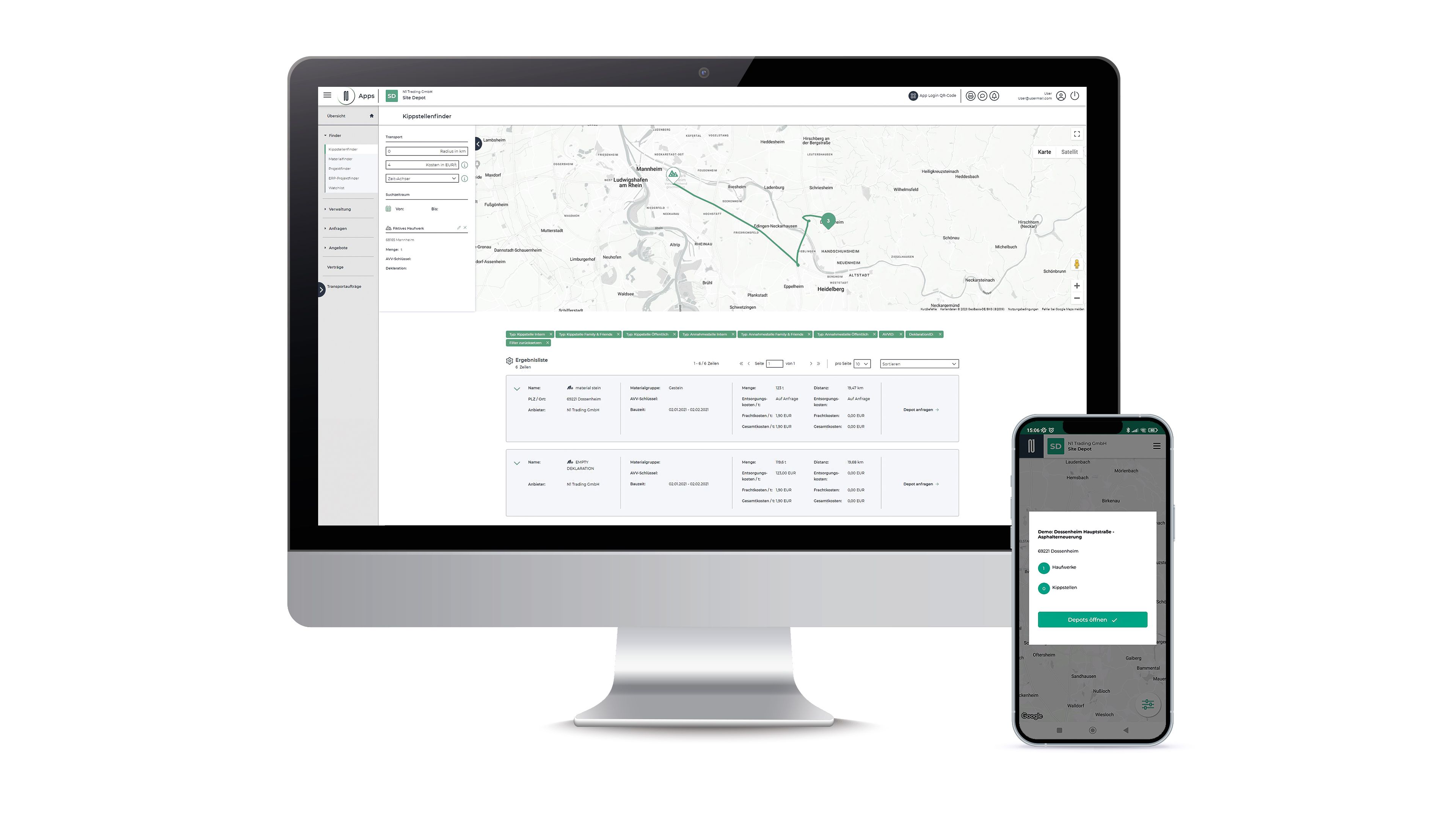 Karte mit Materialbeschaffungs- und Verwertungsoptionen auf einem Computerbildschirm